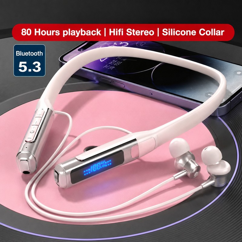Wireless Neckband Headphones with Microphone – 80-Hour Battery Life and
