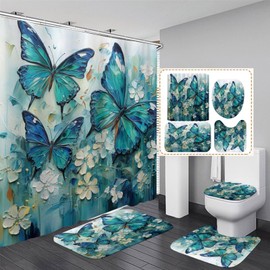 Pretyw 4 Pcs Green Blue Butterfly Shower Curtain Set with Non-Slip Rugs White Flowers Oil Painting Boho Bathroom Set Bathroom Carpet Bath Mat and Toilet Rugs