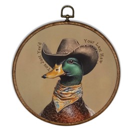 XBBMGG Western Cowboy Mallard Duck Wall Art Decor, Vintage Cowboy Hat Duck Round Wall Hanging Decor, Funny You Just Yee'd Framed Canvas Prints for Home Nursery Living Room Bathroom Decorations, 10x10inch