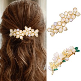 Kilshye Flower French Barrette Hair Clips Gold Vintage Hair Barrettes Rhinestone Wedding Hair Accessories for Women (Pack of 2)