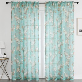 SMILE WEAVER Turquoise Sheer Curtains 72 inch Length 2 Panels for Living Room,Floral Semi Sheer Curtain-Rod Pocket Voile Linen Textured Privacy Light Filtering Window Drapes for Bedroom
