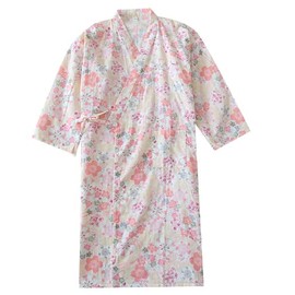 SIQITECH Japanese Kimono Women's Yukata Robe Floral Print Bathrobe Cotton Skin-Friendly Sleepwear with V-Neck Sauna Gown Long Dressing Gown for Spa Sauna Swimming Bath Hotel, yellow