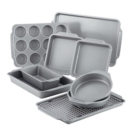 Farberware Nonstick Steel Bakeware Set with Cooling Rack, Baking Pan and Cookie Sheet Set with Nonstick Bread Pan and Cooling Grid, 10-Piece Set, Gray
