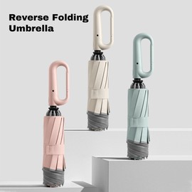 Fully Automatic Umbrella with Carabiner Handle, 10 Ribs Reverse Folding Umbrella Travel Portable Dual-Use Umbrella for Men and Women