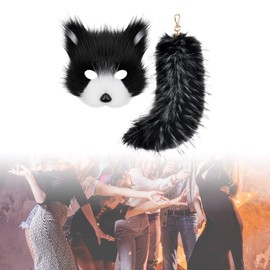 rockible Therian Mask and Tail Furry Tail Keychain Wolf Mask Role Playing Furry Mask, Black White