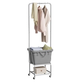 ELYKEN Laundry Cart with Hanging Rack, Rolling Laundry Hamper with Wheels, Laundry Basket with Removable Liner Bag and Shelf, Sturdy Metal Frame Dirty Clothes Basket for Hotel, Home, Closet, Dorm