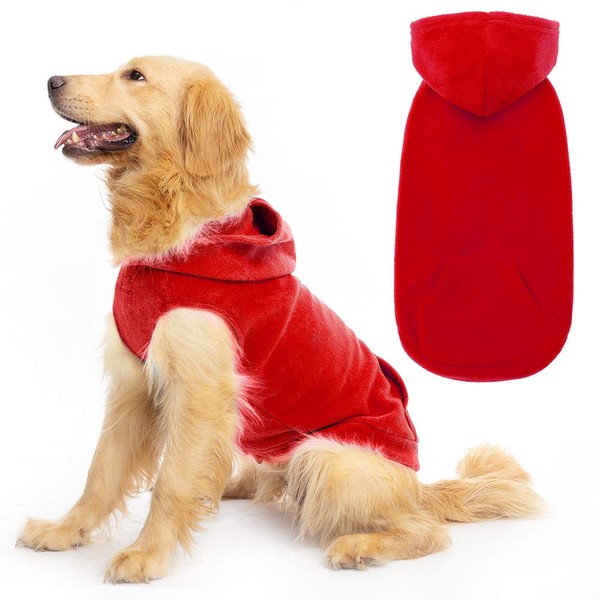 EXPAWLORER Dog Hoodie with Pocket, Polar Fleece Dog Sweatshirt Fall Cold Winter Sleeveless Sweater with Hood, Warm Cozy Pet Clothes for Small to Large Dogs Boys and Girls (Red, XL)