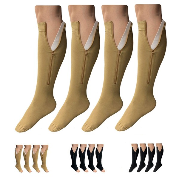 HealthyNees Open or Closed Toe 20-30 mmHg Zipper Compression Medical Leg Socks (2 Pairs Closed Toe Beige, 5X-Large)