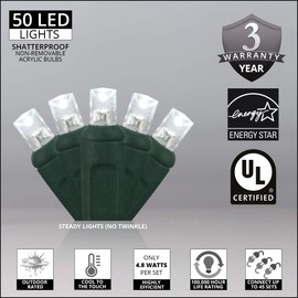 Wintergreen Lighting 50 5mm LED Cool White Christmas Lights, 6 Spacing, 25' White LED Christmas Lights Outdoor Tree Lights Holiday Lights Mini Lights Party House Bedroom String Lights