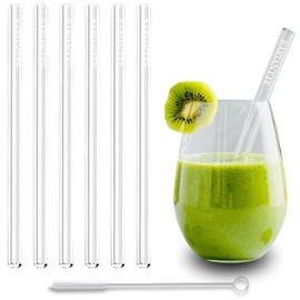 BARIANTTE Premium Glass Straw Set of 6 & Glass Straw Cleaner, 8.5" Long Glass Straws Shatter Resistant, Clear Straws Reusable Straws Dishwasher Safe, Smoothie Straws Reusable