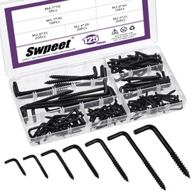 Swpeet 125Pcs 7 Sizes Black Metal Screw-in Square Bend Hooks Kit, Square Bend Hooks L Shaped Self-Tapping Screws Hooks L Type Photo Frame Right Angle Hook for Home/Workplace/Office Hanging