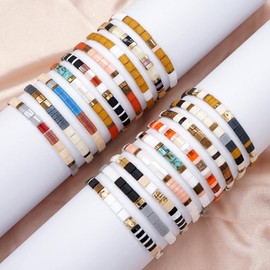 Sonateomber Tila Flat Beaded 4th of July Stackable Bracelets for Women Boho Beads USA Red White Blue Accessories Outfit Stacks Jewelry Gifts