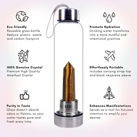 SAOI Crystal Water Bottle - Tiger Eye - Natural Wellness Healing - Glass/Stainless Steel