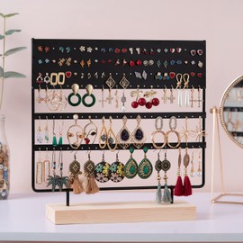 QILICZ Earring Organiser Earring Holder 144 Holes Earring Stand Ear Stud Holder Jewelry Organiser Jewelry Stand Jewellery Holder Tower with Wooden Tray/Dish for Earrings Display Home Use