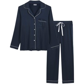 Amorbella Womens Maternity Button Up/Down Long Sleeve Pajama/Pj Set(Navy Blue, Large)