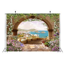 Loccor 6x4ft Fabric Vintage Archway Backdrop Garden Flowers Stone Terrace Blue Sea Coastline Landscape Photography Background Birthday Party Romantic Wedding Portrait Photo Booth Props Wallpaper