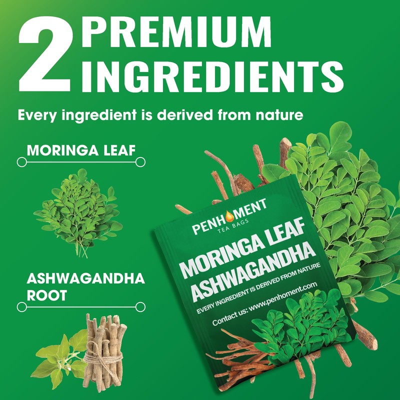 PENHOMENT Moringa Leaf Tea Bags with Ashwagandha - 40 Tea