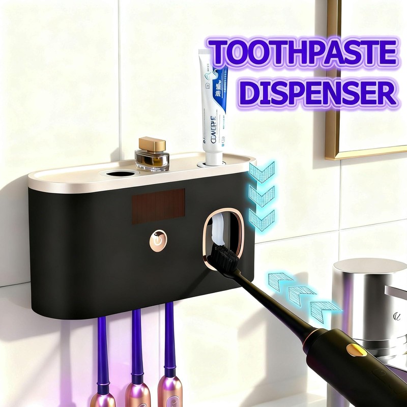 Toothbrush Sterilizer Holder Wall Mounted, USB Rechargeable Automatic Toothpaste Dispenser