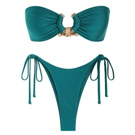ZAFUL Women's Bandeau Bikini Shiny Metal Ring Decor Lace Up Tied Side High Cut Strapless Swimsuit(1-A-Green,S)