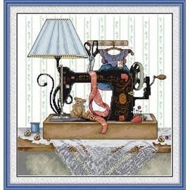 CaptainCrafts Cross Stitch Kits for Adults Have Stamped and Counted Printed and Unprinted Fabrics Needlework Craft Home Decor (Counted 14CT, Sewing Machine with Blue Wall lamp)