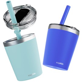 CUPKIN Sippy Cup for 1 Year Old, The Original Stackable 8 oz Stainless Steel Tumbler, Set of 2 Powder Coated Insulated Straw Cup + BPA Free Lids + Food Grade Reusable Silicone Straws (Cobalt + Mint)