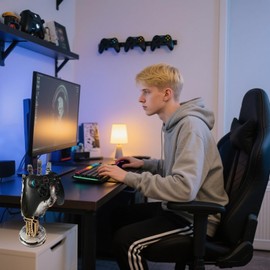 Blleshelfl Gaming Headset Holder & Controller Stand in Cyberpunk Design - Handmade Resin Figure for Gamer, Futuristic Headphone Stand for Desk, Headset Holder for Gaming Setup