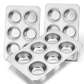 E-far Muffin Pan Set of 3, Stainless Steel Muffin Pan Tin for Baking, 6-Cup Metal Cupcake Pan Tray, Non-toxic & Healthy, Oven & Dishwasher Safe, Regular Size - 11.44 x 7.12 x 1.25 inch