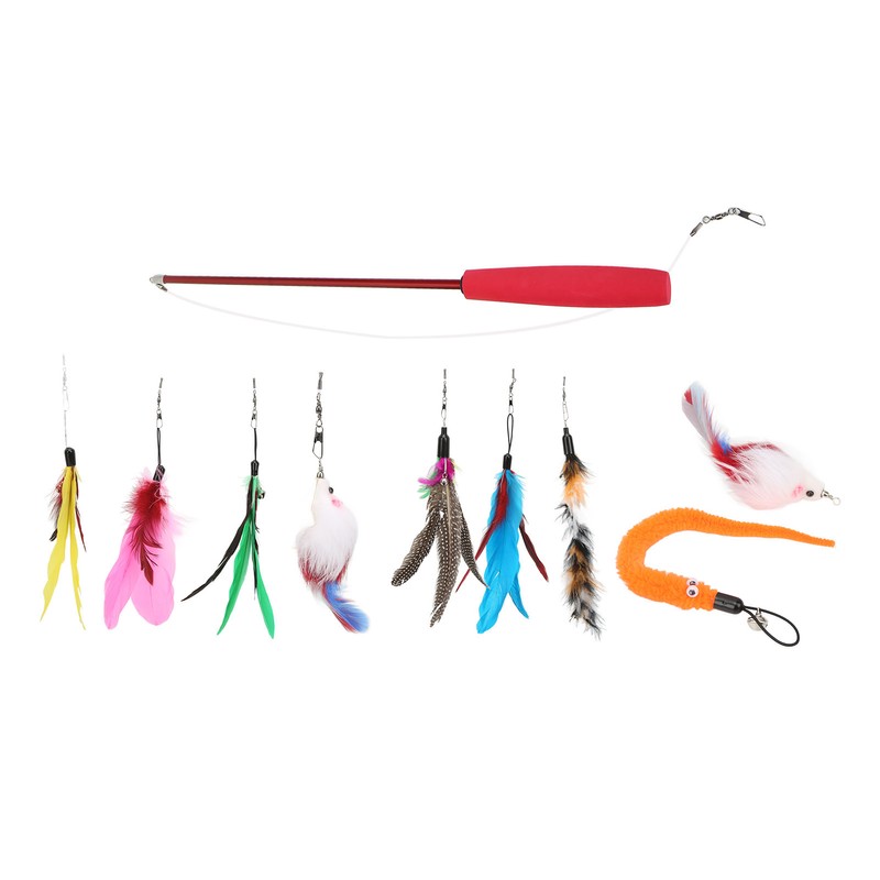 9pcs Cat Feather Wand Toy 3 Sections Retractable Cat Interactive