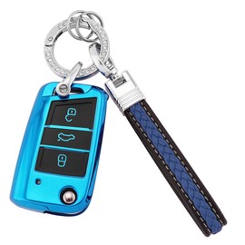 Koaudb Car Key Case Cover Fits VW Golf 7 Polo MK6 T-Roc Jetta Karoq Superb Fabia Seat Leon Ateca Ibiza, 3 Buttons Key Case TPU Key Case with Key Ring (CL-Vlw-3B-E)