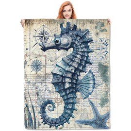 VANZEV Sea Horse Blanket,Vintage Ocean Animal Theme Flannel Throw Blankets,Soft Warm Lightweight Cozy Plush Nautical Seahorse Throws for Bedroom Sofa Home Decor Gifts for Women Girls 50"x60"