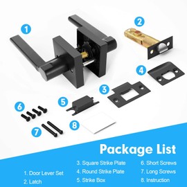 RAZCC Passage Door Handles, 1 Pack Square Black Interior Door Handles for Hallway and Closet, Heavy Duty Keyless Non-Locking Door Levers, Reversible for Right & Left Sided Door