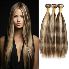 P4/613 Bundles Human Hair Highlight Brown Bundles Ombre Highlight Blonde Straight Human Hair Bundles Brazilian Human Hair Two Tone Brown Mixed With Blonde Bundles for Black Women (14 16 18 Inch)
