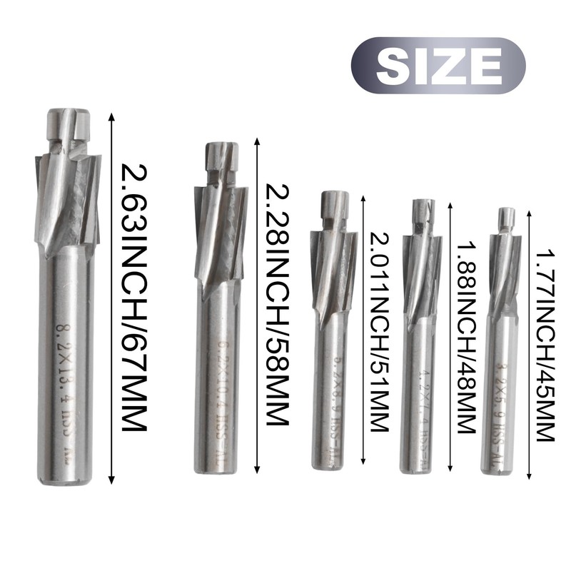 ZDSFSD 5Pcs HSS Counterbore End Mill M3-M8 Pilot Slotting Tool