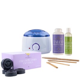 APIGREEN - CERA ESPAÑOLA KIT COMPLETO PARA DEPILACION PROFESIONAL CON CALENTADOR ELECTRICO - 1 KG DE CERA ESPAÑOLA PARA DE PILAR - TALCO PRE DEPILATORIO 150 GRS Y LECHE DE PEPINO POST DEPILATORIO 125 GRS