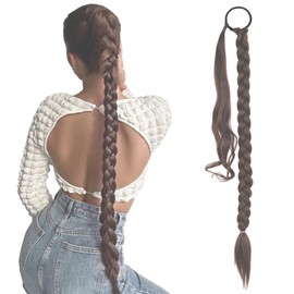 Braided Ponytail hair extensions 30Inch Long Braided Ponytail Extension with Hair Tie Straight Wrap Around Hair Extensions Ponytail Synthetic Hairpieces for Women (Dark Brown)-2/33