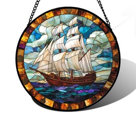 DASTOLL Stained Glass Window Hanging, Sailing Ocean Sun Catchers Glass Panel Navigation Suncatcher Decor for Birthday for Women, Men, Wife, Aunt, and Mom 7.8 in