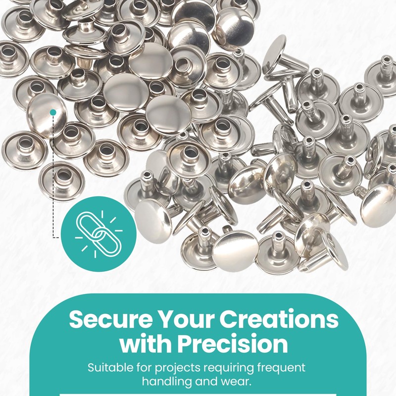 Trimming Shop 100 Set Leather Rivets Kit, 15mm Silver Double