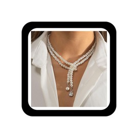 Zeshimb Long Pearl Drop Lariat Necklace Pearl Rhinestone Y-Pendant Necklace Layered Double Strand Pearl Choker Necklace Two Row White Pearl Beaded Necklace Wedding Jewelry for Women