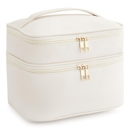 HBlife Double Layer Travel Makeup Bag Portable Cute Leather Cosmetic Bag Large Make Up Bag Makeup Case Organizer Toiletry Bag for Women Girls with Handle and Removable Divider(Beige)