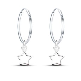 925 Silver Women's Creole Earrings with Pendant Star Earrings Hoop Earrings Diameter 16 mm Earrings for Women and Girls, Silver
