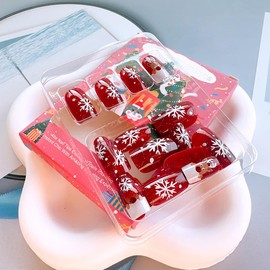 24 Pcs Christmas Press on Nails Short Square Winter Snowflake Fake Nails with Designs Xmas Elk False Nails Red Full Cover Acrylic Nails Glue on Nails Holiday Artificial Nails for Women Girl