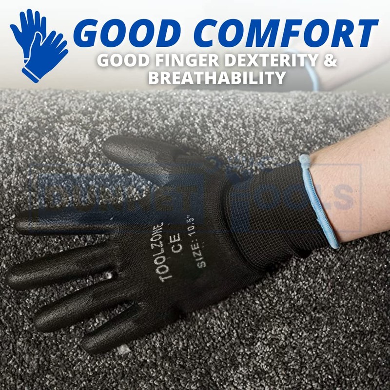Dunnet Tools Large 10.5" Black Coated Work Gloves - Lightweight