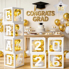 2026 Graduation Decorations, White Graduation Decorations, Balloons Boxes (4PCS) with Letters 2026 GRAD So Proud of You, Congrats Grad Decorations for High School & College