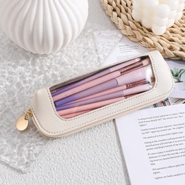Psyqtsuary Small Clear Makeup Bag, PU Leather Travel Makeup Brush Case Portable Transparent Waterproof Cosmetic Organizer Pouch with Zipper for Women Home Travel Office Makeup Storage (White)