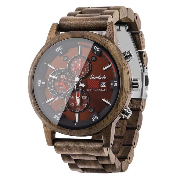 Emibele Wooden Watch for Men, Date Display Chronograph Quartz Wrist Watch, 3 Sub-dials Handmade Light Weight Luminous Watch - Walnut