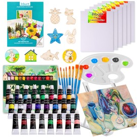 Art Paint Set for Kids, 49 Piece Painting Supplies Kit with 24 Acrylic Paints, 6 Canvas Panels, 8 Brushes, 8 DIY Wooden Stencils, Table Easel, Etc.