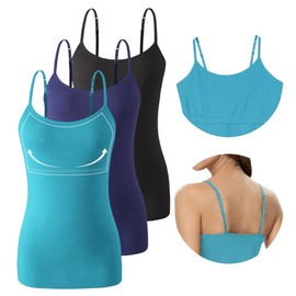 vislivin Women's Undershirt with Shelf Bra Cotton Tank Top Spaghetti Top Adjustable Spaghetti Straps, Pack of 3 - Black/Dark Blue/Blue