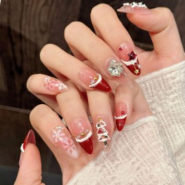 Christmas Style 10 Pcs Handmade Press on Nails | Almond Red and Pink with Snowflake, Santa Hat & Christmas Tree Designs | Skip Salon Trips, Easy to apply & Remove, Reusable(Christmas2595, M)