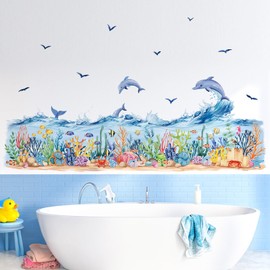 decalmile Wall Tattoo Under the Sea Seaweed Wall Sticker Ocean Sea Grass Dolphin Fish Ocean Wave Border Wall Sticker Nursery Baby Room Bathroom Wall Decoration