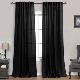Mrs.Naturall Black Curtains 108 Inches Long for Living Room,Light Filtering Semi Sheer Linen Curtains Drapes 108 Inch Length for Bedroom 2 Panels Set High Ceiling Balcony Large Window,9FT